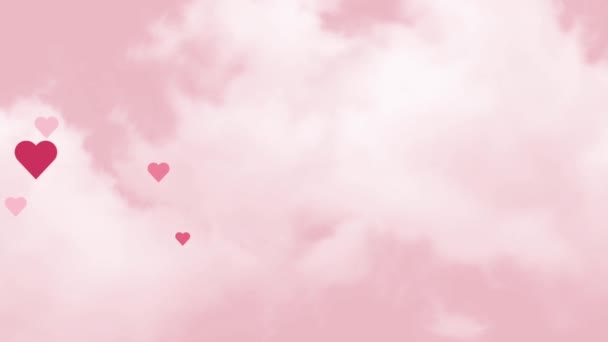 Achtergrond van harten. Animatie voor Valentijnskaart, 8 maart, vrouwendag. Flying hearts animatie op roze achtergrond met witte wolken. Roze lucht met harten. - Video