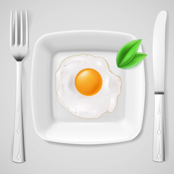 Served breakfast. Fried egg on white plate served with fork and knife - Фото, зображення