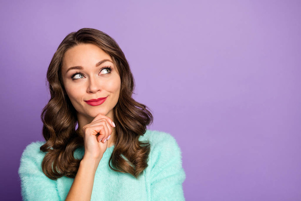 Closeup photo of beautiful curly lady dreamer look up empty space remember last romantic date arm on chin wear casual teal fluffy pullover isolated purple pastel color background - Φωτογραφία, εικόνα