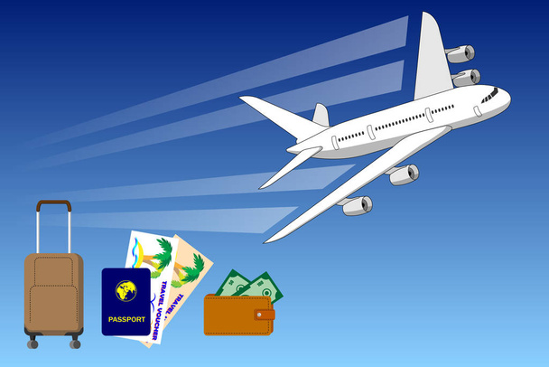 Osobní letadlo vzlétá proti modré obloze, s kufrem - Vektor, obrázek