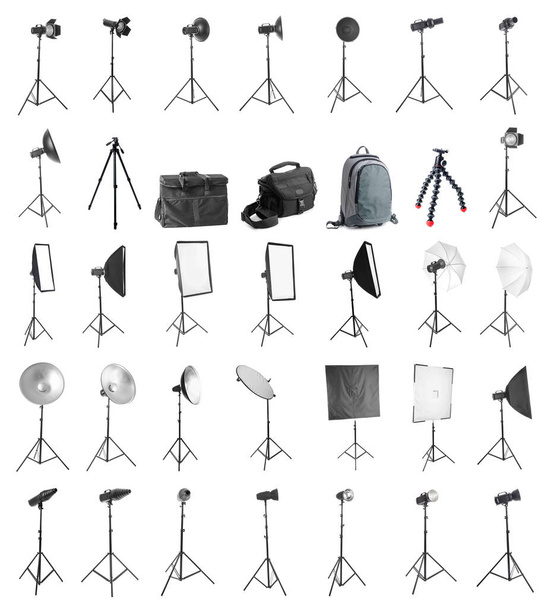 Set of different professional equipment for photo studio on white background - Photo, Image