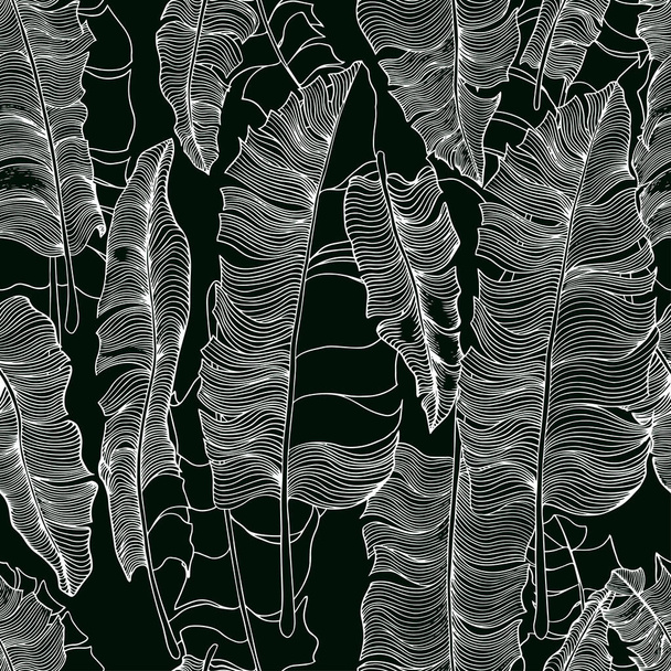 Seamless pattern with white line banana leaves. - Vector, imagen