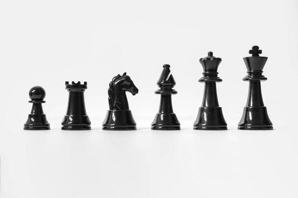 Шахматный набор. Черные шахматы на белом фоне
. - Фото, изображение