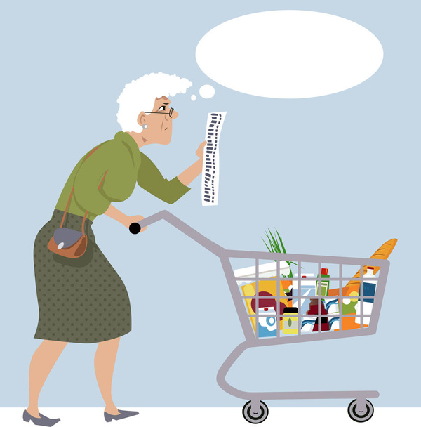 Idős nő egy élelmiszerboltban egyre ideges egy élelmiszerszámla, Eps 8 vektor illusztráció - Vektor, kép