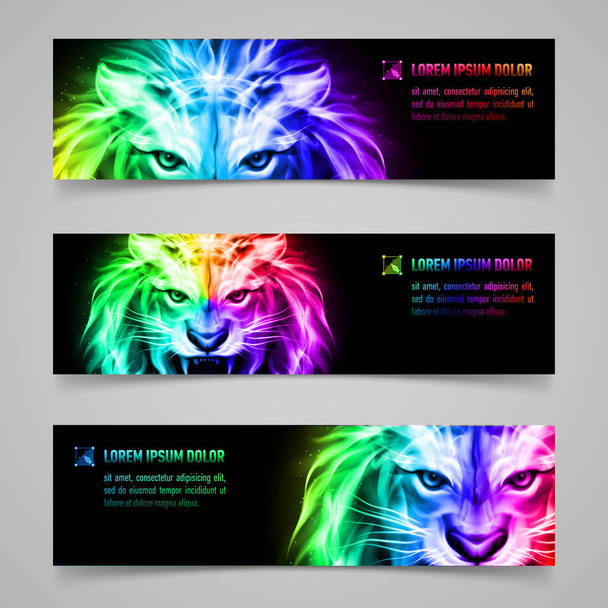Set of banners with mystic lion in multicolored flame - Foto, Imagen