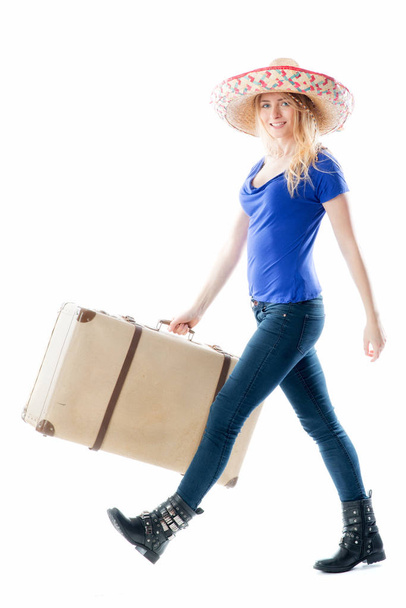 Blonde girl with travel suitcase - Fotoğraf, Görsel