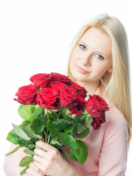 blond girl with a bouquet of roses - Фото, изображение
