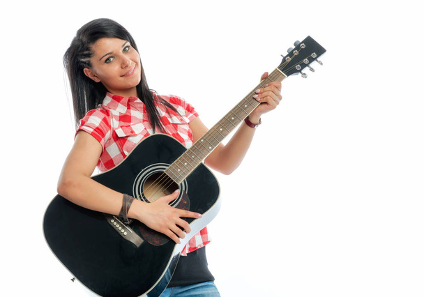 black-haired girl with guitar - Zdjęcie, obraz