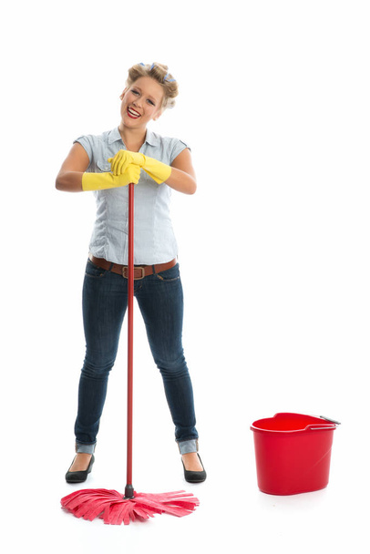 young woman cleaning with mop isolated on white - 写真・画像