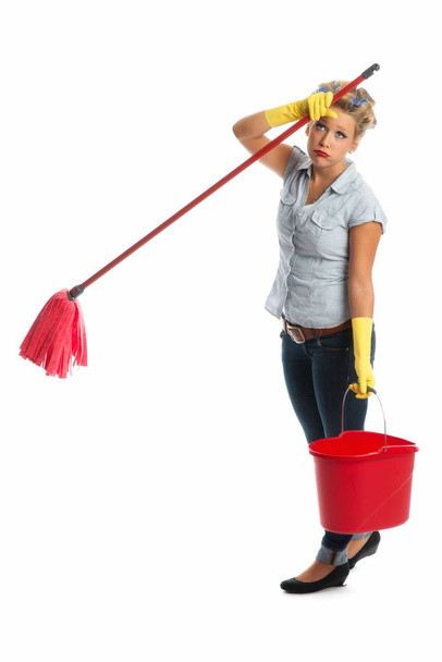 young woman with mop and broom isolated on white - Foto, Imagem