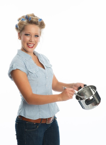 blonde woman with saucepan - Foto, Imagen