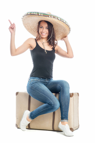 woman with suitcase and sombrero - Φωτογραφία, εικόνα