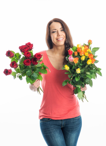 young woman with bouquets - Фото, изображение