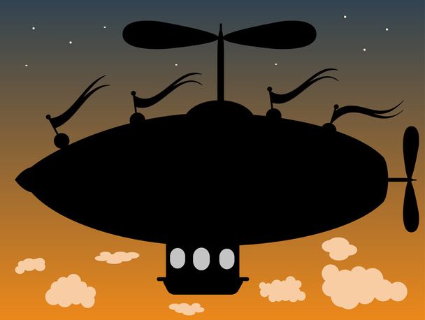Дирижабль, пролетающий над облаками в сумерках
 - Вектор,изображение