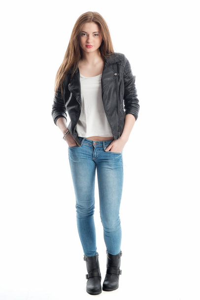 young girl in leather jacket - Фото, изображение
