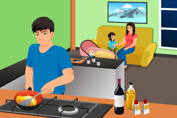 Vader koken terwijl moeder en kinderen in de woonkamer Illustra - Vector, afbeelding