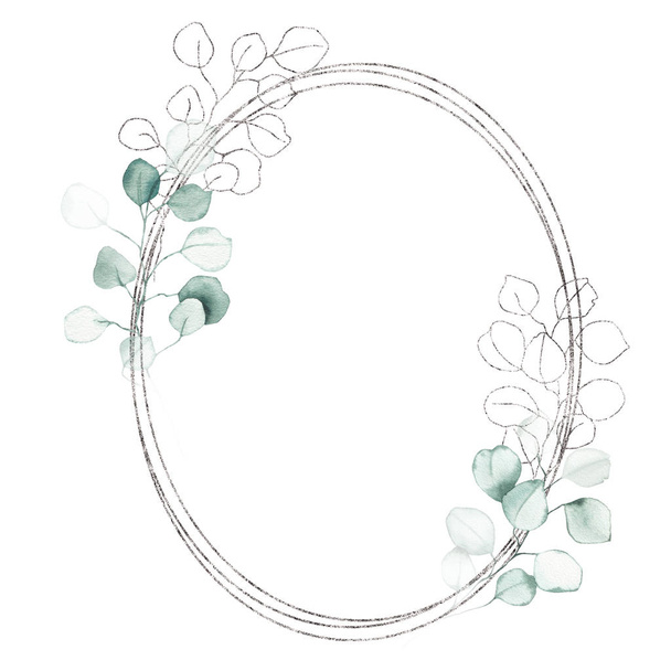 Aquarel zilvergrijs geometrisch ovaal frame met eucalyptus groen blad - Foto, afbeelding