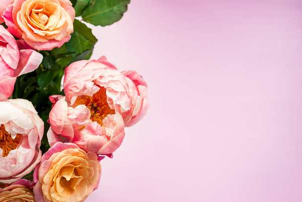 Rózsaszín bazsarózsa és rózsa frissen - Fotó, kép