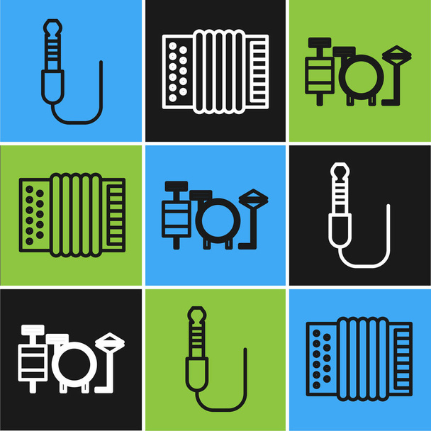 Set line Audio jack, Drums and Musical instrument accordion icon. Vector - Vector, Image