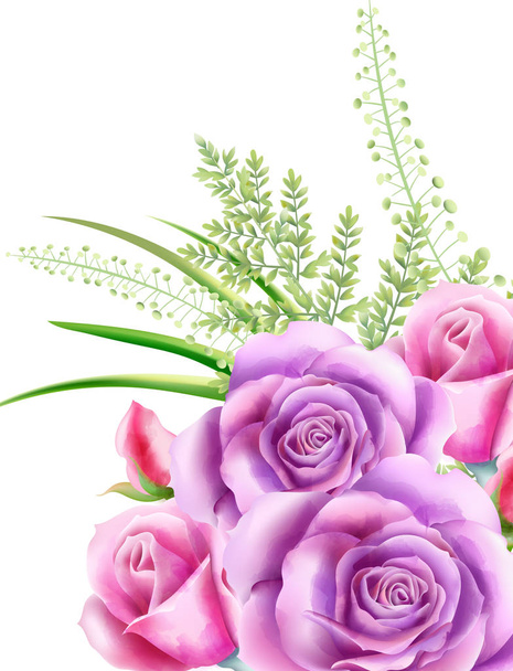 Watercolor pink rose flowers with green leaves on background - Vector, Image