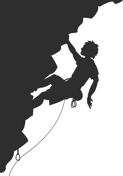 Silhouette of young man hanging in overhang in rock wall. No real person. Vector Illustration. - Vector, Image