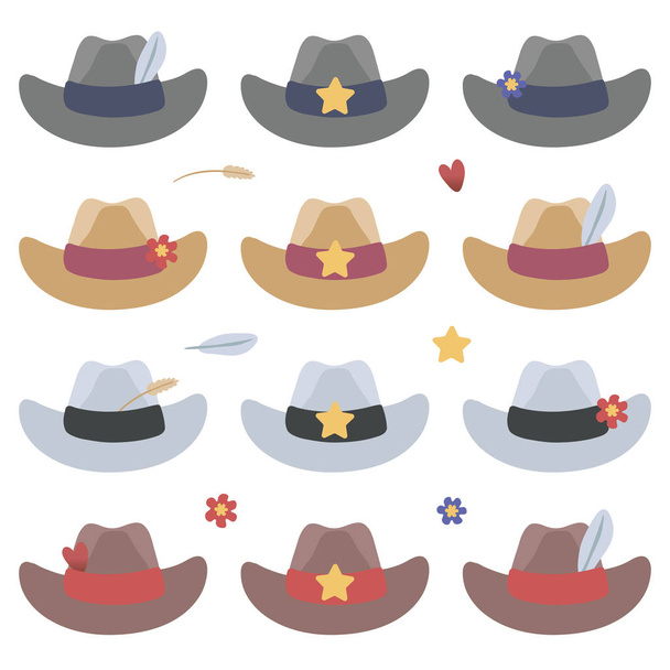 Conjunto de sombreros vectoriales vaqueros con estrellas, flores, plumas y espiguillas objetos aislados sobre un fondo blanco
. - Vector, Imagen