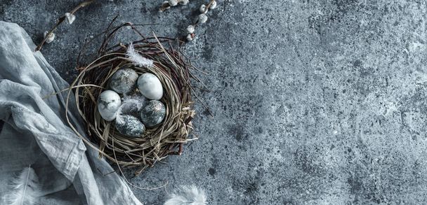 Мраморные пасхальные яйца в птичьем гнезде с перьями и весенними цветами на синем фоне с салфеткой. С праздником Пасхи, вид сверху, плоская кладка, широкая композиция
 - Фото, изображение