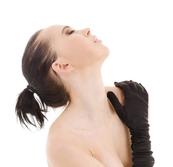 lovely naked woman in black gloves over white - Zdjęcie, obraz