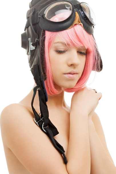 picture of pink hair girl in aviator helmet - Foto, Bild