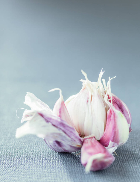 Fresh aromatic garlic cloves in a broken open bulb on a vertical grey background with copyspace - Photo, Image