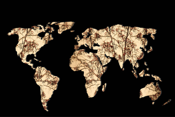 Грубо очерченная карта мира с сухим заполнением осенних листьев
 - Фото, изображение