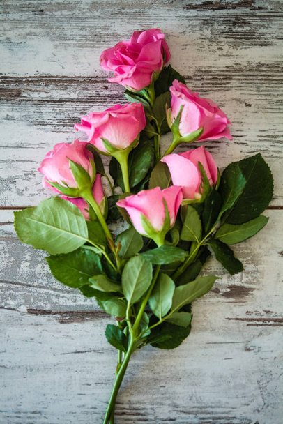 Pink roses on white wooden background - Φωτογραφία, εικόνα
