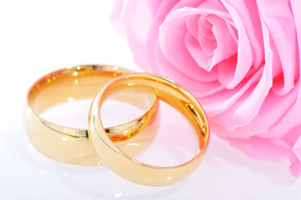 two gold rings in red rose on white background\n - Фото, зображення