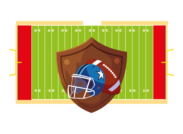 スタジアムの草の上のヘルメットとボールアメリカンフットボール - ベクター画像