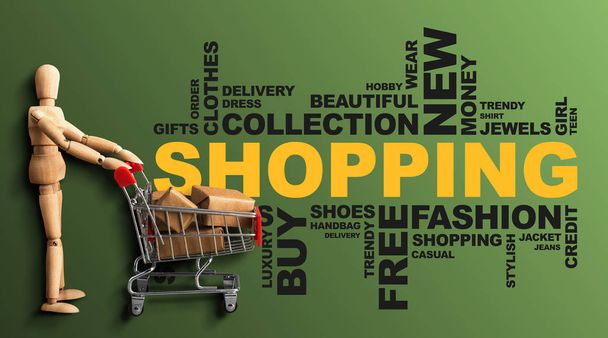 Collage de Wordcloud de compras con hombre de madera sobre fondo verde, Panorama
 - Foto, imagen