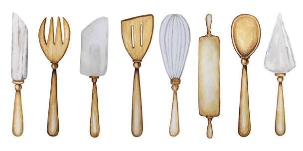 Hand drawn Wooden Kitchen accessories big set for baking watercolor illustration, isolated on white background. Its cooking time. Baking tools. Spoon, spatula, fork, rolling pin for dough, knife - Photo, Image