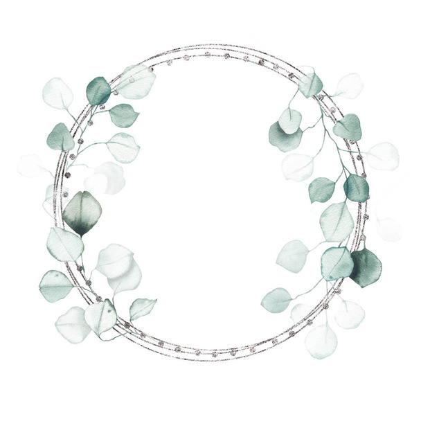 Watercolor silver grey geometrical round frame with eucalyptus green leaf - Photo, Image