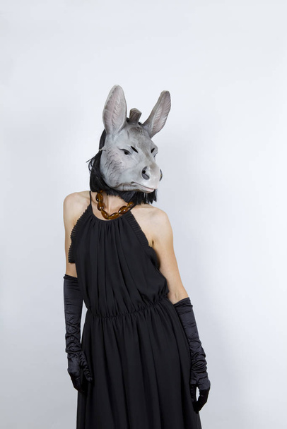 Woman wearing a donkey mask with an evening dress and evening gloves - Foto, afbeelding