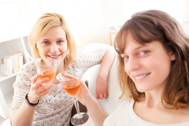 View of Girls having a toast in a sofa - Foto, afbeelding