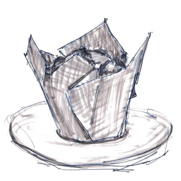 Muffin in Kraft Baking Paper - Hand-Drawn Graphic Illustration of Dessert liner - Zdjęcie, obraz