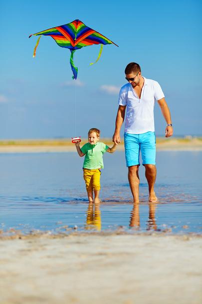 father and son having fun, playing with kite together - Zdjęcie, obraz