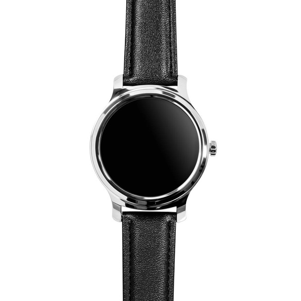 Беспроводные умные часы в круглом блестящем серебристом футляре и черном кожаном ремешке
 - Фото, изображение