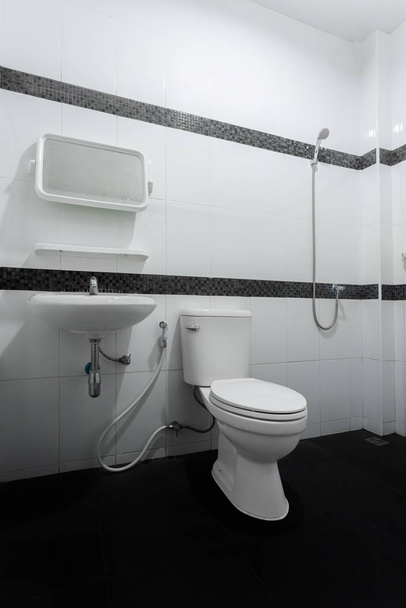 White flush toilet with decorate wall. - Foto, afbeelding