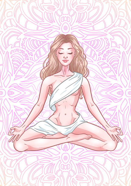 Молодая медитирующая женщина йога в позе лотоса на фоне мандалы
. - Вектор,изображение