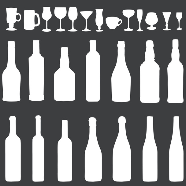 Conjunto de ícones de silhueta branca vetorial - garrafas e stemware
 - Vetor, Imagem