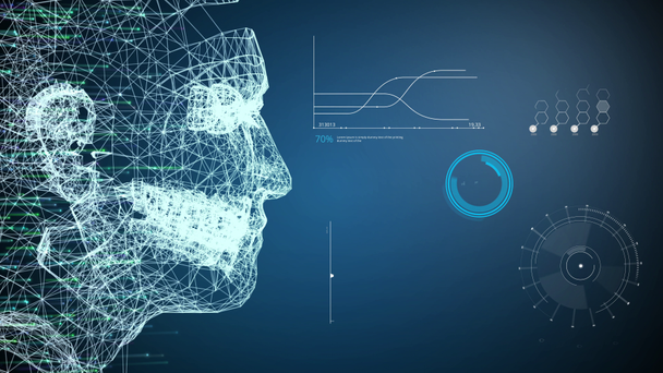 Футуристична сітка людини ШІ і ВР стикаються з базою даних HUD сканування інформації на синьому фоні. Технології віртуальної реальності та концепція штучного інтелекту. Цифрове відео трилогії 4K
 - Кадри, відео