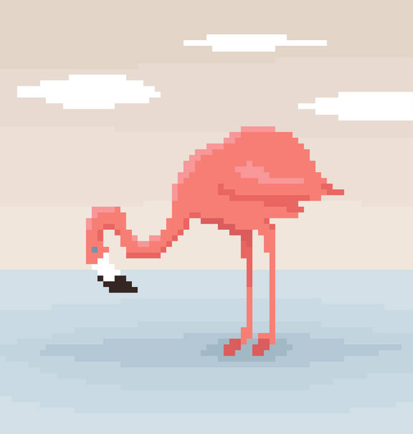 Pixel art flamingó áll a vízben.  - Vektor, kép