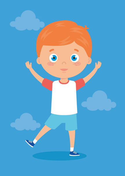 cute little boy with hands up and clouds - Vector, Image
