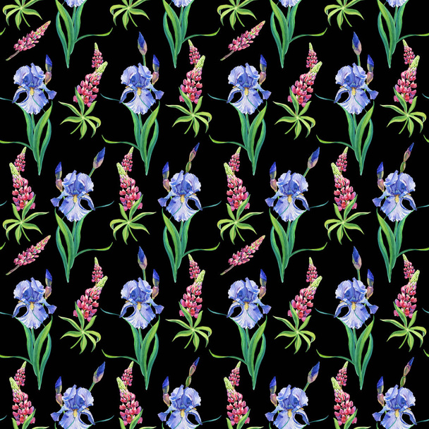 Blue and violet irises. Watercolor flowers on a white background.Illustration.Seamless pattern - Photo, Image