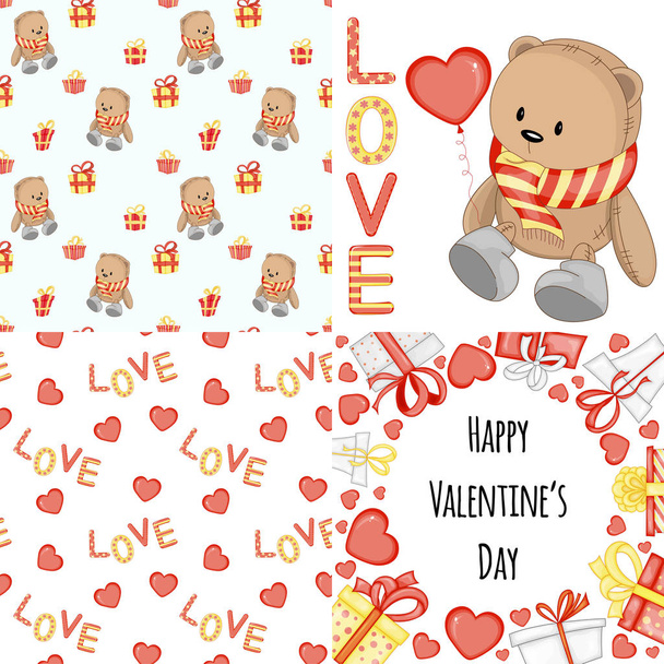 Valentine's Day set with postcard, pattern and template. Cartoon style. Vector illustration. - Vektor, kép